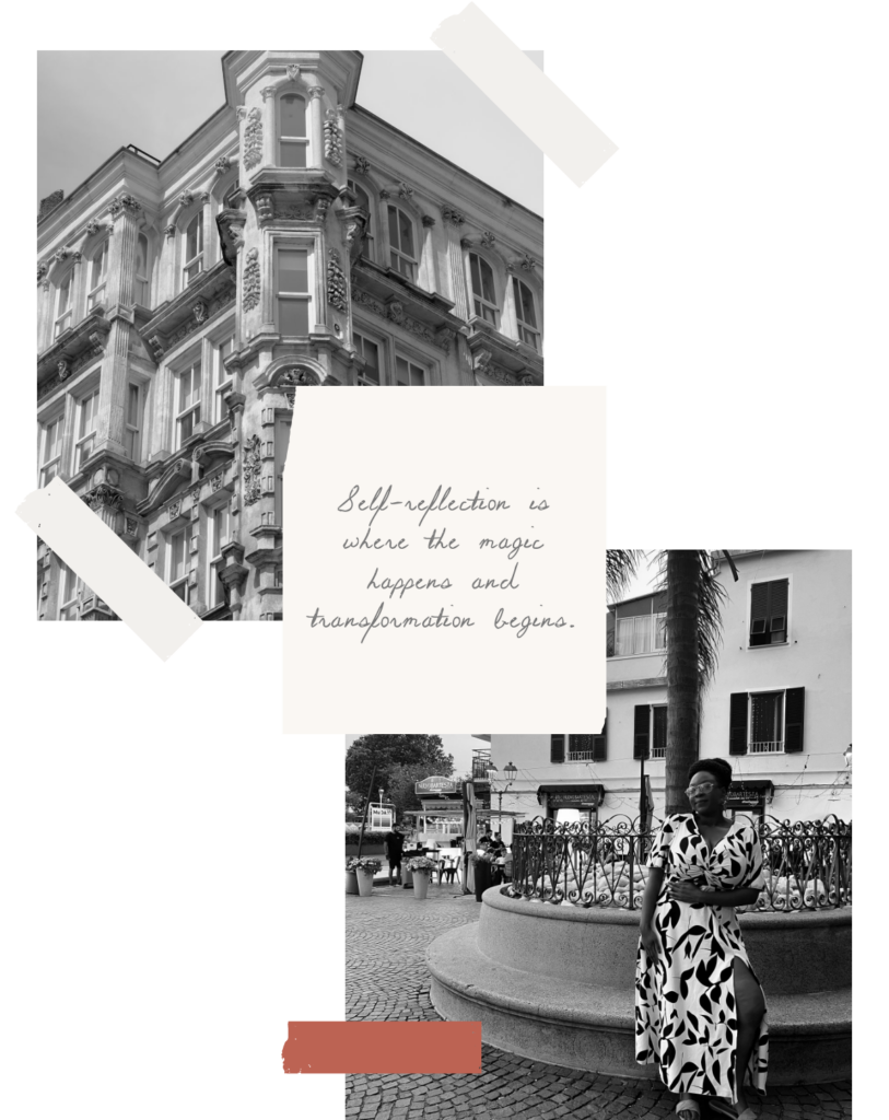 Black-and-white collage featuring a stunning architectural building with ornate details and a reflective quote: 'Self-reflection is where the magic happens and transformation begins.' Below, Daphne poses confidently in a bold patterned dress by a fountain in a charming European plaza, symbolizing growth, elegance, and the journey of transformation.